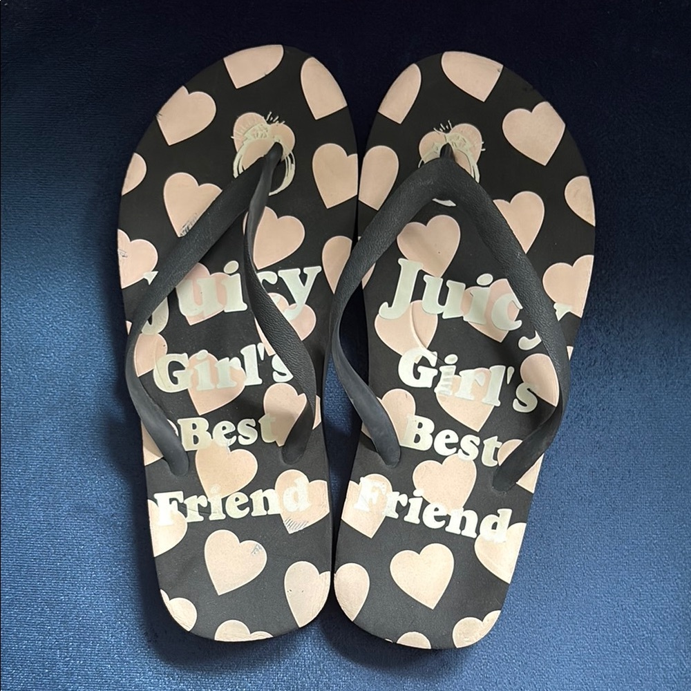 Juicy Couture Black and Pink Heart Sandals Size 7/8 Large Y2K